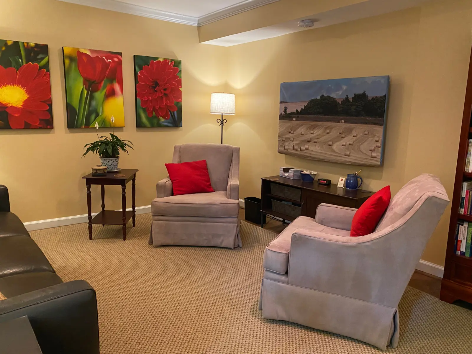 The consulting room with two armchairs and warm lamplight