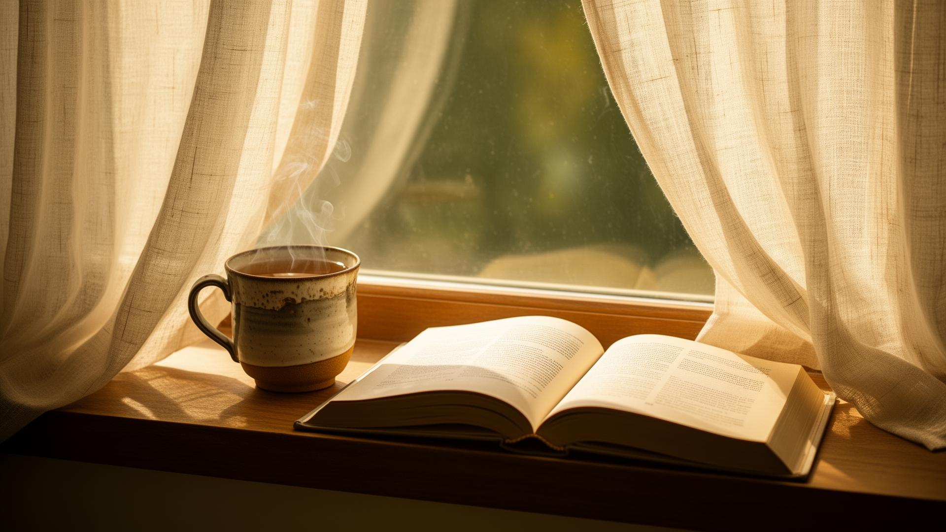 A sunlit window with linen curtains and an open book